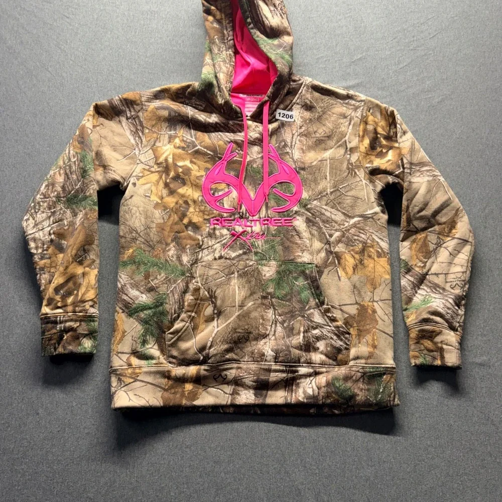 Realtree Xtra Camo Hoodie Pink Logo Girls Large 12-14 Camouflage Sweatshirt